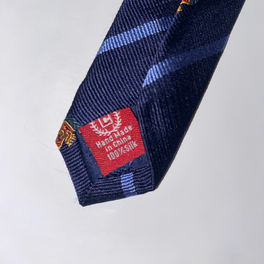 Chaps Navy Academia Tie with Dragon and Crown Crests Lt. Blue Stripes Preppy - Picture 4 of 5